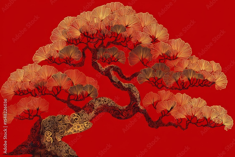 Poster intricate tree art on bold red background with delicate gold patterns