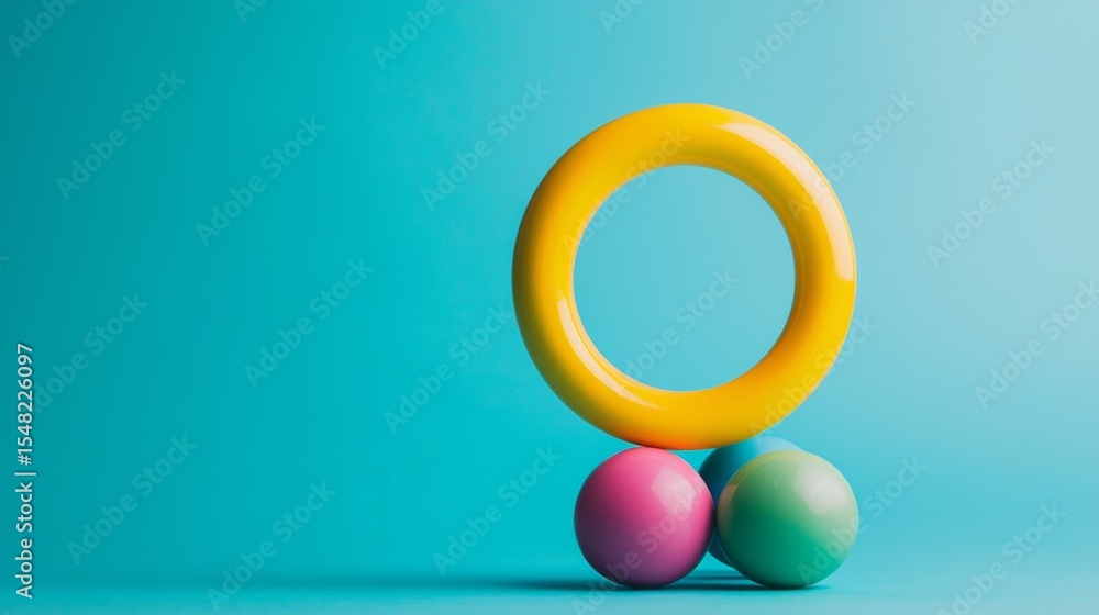 Poster colorful abstract playful composition with round objects and yellow ring on cyan background surface