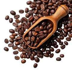 Fototapeta premium Roasted coffee beans in wooden scoop isolated on transparent background