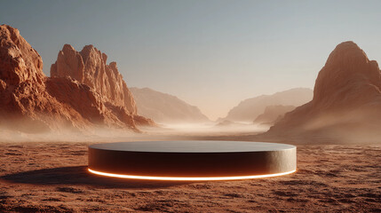 Empty black podium with neon lighting against the background of orange Martian desert surface. Mockup design and product presentation concept. Digital illustration for poster, banner, card, template