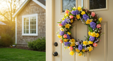 A floral wreath adorns a white door in front of a house with a well manicured lawn in the sunshine