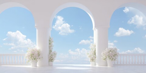 Elegant classical architecture with white columns and blossoming flowers under blue sky