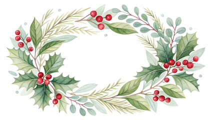 Watercolor Christmas Wreath, Holiday Floral Composition, Isolated on Transparent Background, Holly, Berries, Greenery