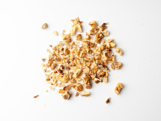Chopped wallnut , broken roasted walnuts powder, heap of nuts crumbs, whole kernel pieces