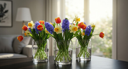 Three clear vases filled with tulips daffodils and hyacinths on a dark table in a bright room