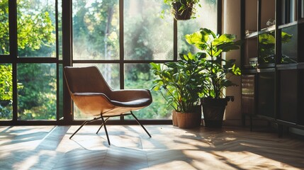 Modern living room with chair and large windows full of green indoor plants natural light