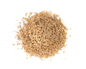 Spelt flakes isolated, dry raw rolled flat oat grains, wheat, oatmeal or bran, barley rye cereals