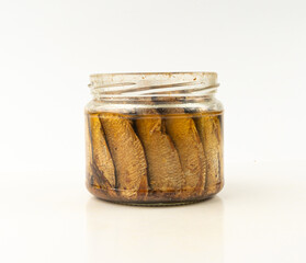 Canned sardine fillet, marinated pilchard, traditional sprat in oil, glass jar