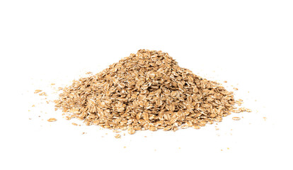 Spelt flakes isolated, dry raw rolled flat oat grains, wheat, oatmeal or bran, barley rye cereals