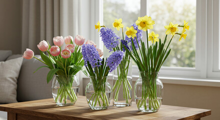 A collection of spring flowers in glass vases displayed on a wooden table near a bright window area