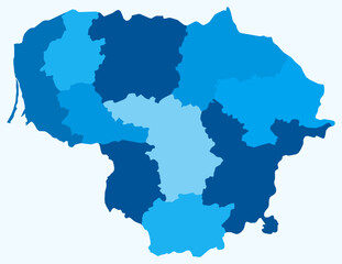 Map of Lithuania with regions. Just a simple country border map with region division. Light blue color palette. Plain Lithuania shape with administrative division. Vector illustration.