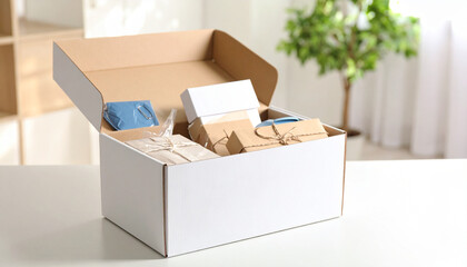 Unboxing Scene on Clean Table Minimalist Setup Product Reveal Fresh New Packaging


