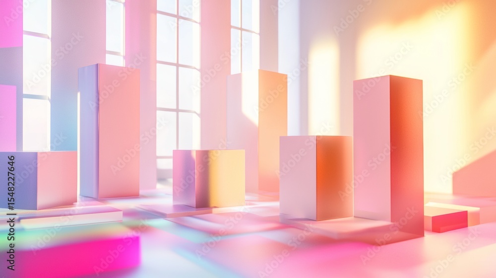 Poster abstract glowing pastel columns in futuristic space with soft gradient lighting and creative design