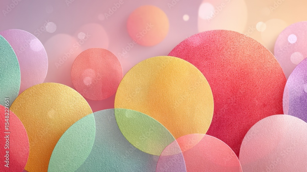 Poster Colorful textured circles on soft gradient background with light bokeh