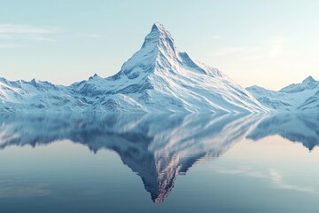A snowy summit mirrors flawlessly in still lake waters