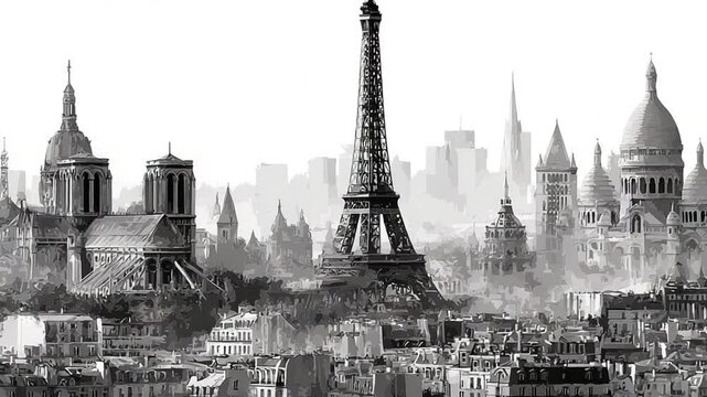 Monochrome Paris Skyline Illustration with the Eiffel Tower and Historic Buildings