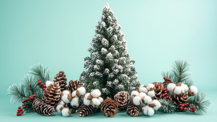 Elegant pastel flat lay of pine cones, berries, and mini Christmas tree arranged with cotton flowers for festive decor