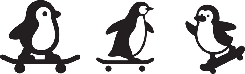 Three penguins skateboarding in different poses