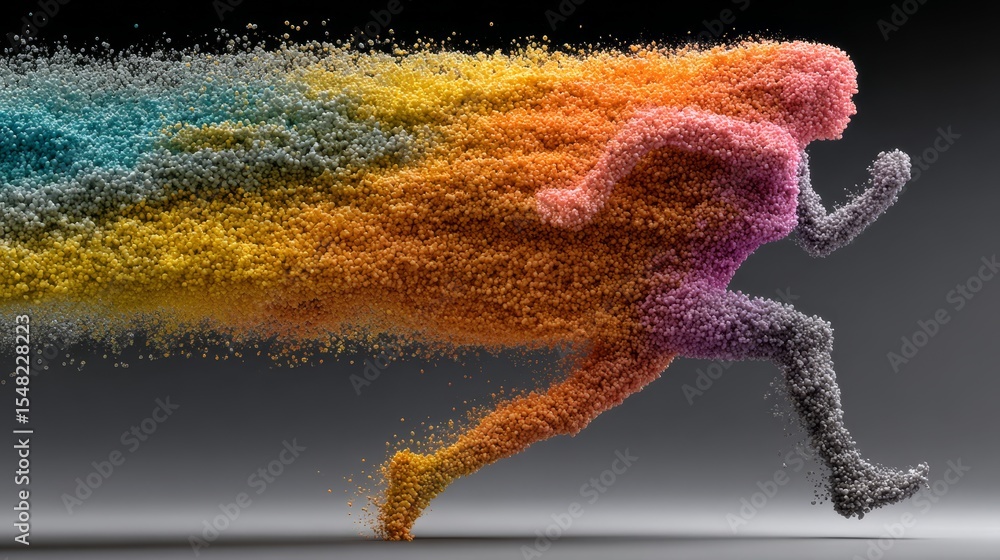 Poster vibrant abstract figure of human in motion with multicolored particle trail