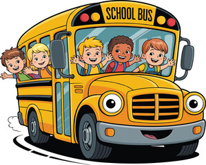 Cartoon illustration of happy children riding a yellow school bus on their way to school