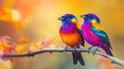 Colorful birds perched on branch, vibrant autumnal background, nature scene, stock photo