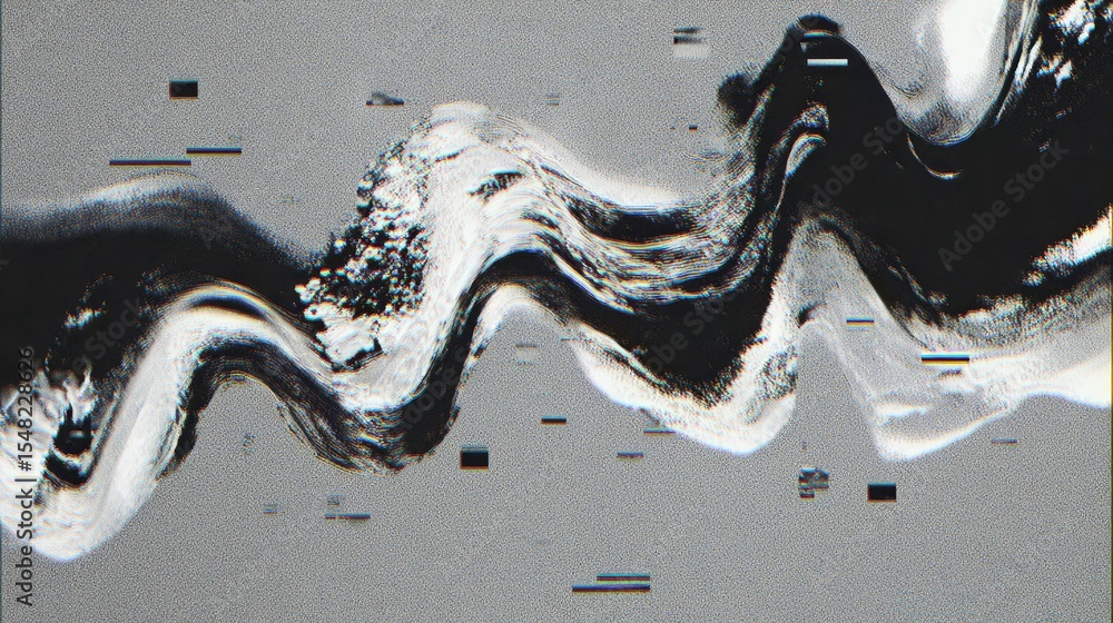 Poster abstract black and white digital glitch with distorted wave pattern