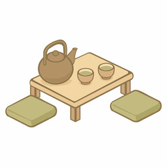 An isometric illustration of a traditional Japanese tea setting with a teapot, two tea cups, and floor cushions around a low wooden table.