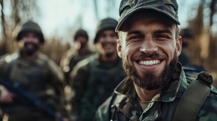 Fototapeta premium A cheerful soldier in camouflage smiles widely, surrounded by fellow comrades, conveying a sense of camaraderie, trust, and the spirit of teamwork in a military setting.