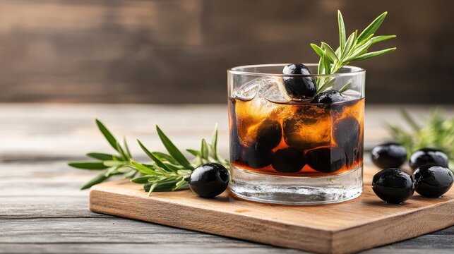 A beautifully styled drink with ice, olives, and a garnish of rosemary reflects relaxation and sophistication, ideal for social settings and leisure moments captured in this photography.
