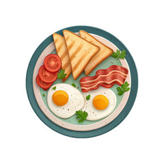 3D icon of breakfast plate with eggs, toast, and bacon, top-down view, vibrant colors.