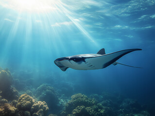 Fototapeta premium Graceful Manta Ray Swimming Over Colorful Reef