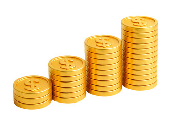 Realistic illustration of shiny gold coin stacks in increasing height, showing financial growth or money savings concept, isolated on transparent background