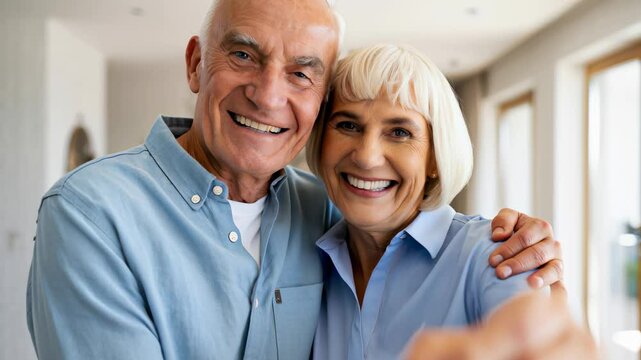 Happy elderly couple showing house keys in new home.