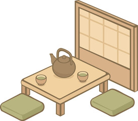 A traditional Japanese tea ceremony setup is depicted with a teapot, cups, bamboo whisk, and tatami seating around a low wooden table.