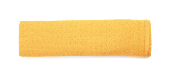 Yellow beach towel isolated on white, top view