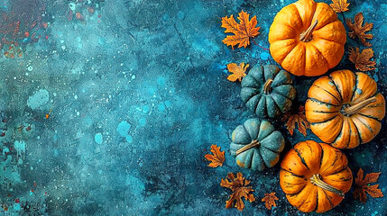 Colorful Mini Pumpkins on a Soft Blue Surface Background