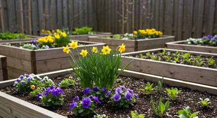 Raised garden beds filled with colorful flowers and plants in a backyard garden setting outdoors