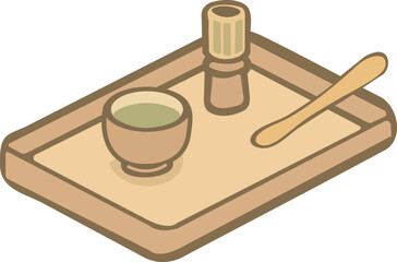 This is an isometric illustration of a Japanese tea ceremony set on a tray, featuring a tea bowl, bamboo whisk, and wooden spoon in soft pastel tones.
