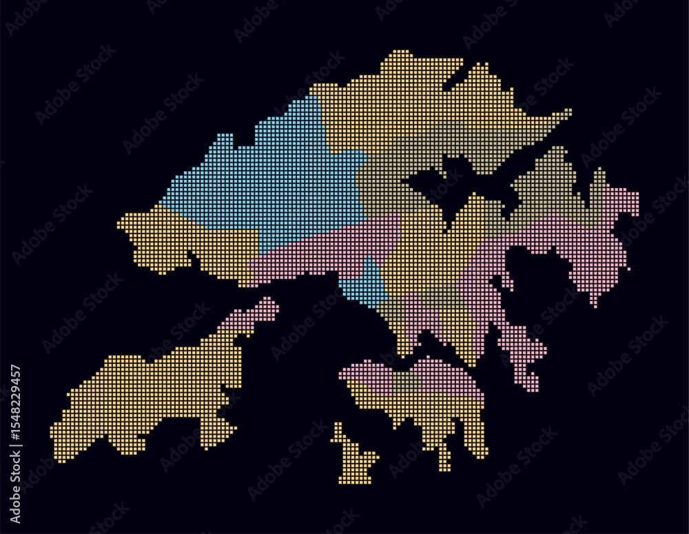 Poster hong kong dotted map. digital style map of the country on dark background. hong kong shape with squa