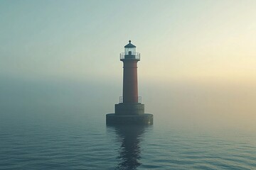A solitary lighthouse rises above calm foggy waters at dawn