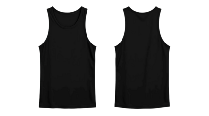 Black tank top in front and back view, mockup isolated on transparent background