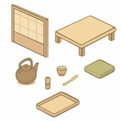 This is a charming isometric illustration of a traditional Japanese tea set scene featuring a teapot, cups, tray, whisk, low table, tatami cushion, and shoji screen.