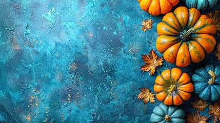Colorful Mini Pumpkins on a Soft Blue Surface Background