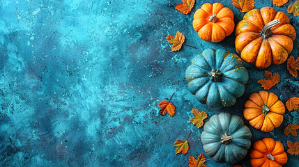 Colorful Mini Pumpkins on a Soft Blue Surface Background