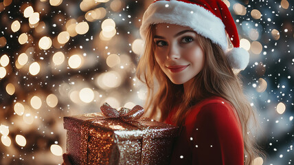 Young woman in Santa hat and red dress holding gift, glowing under festive lights in Christmas-themed scene full of joy
