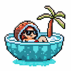Obraz premium Retro pixel art character relaxing in coconut pool with palm tree summer vacation, tropical holiday, pixel game design