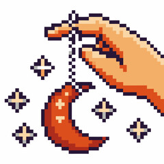 Obraz premium Hand holding crescent moon charm with sparkling stars, pixel art magic night symbol, whimsical retro fantasy illustration