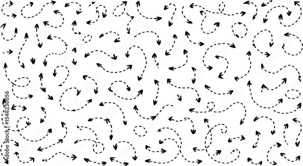 Aufkleber hand drawn black dashed arrow design elements collection arranged in a chaotic pattern on white