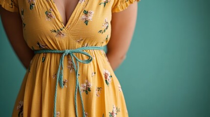 A woman is captured from behind wearing a floral yellow dress tied at the waist, gracefully embodying a sense of elegance and style against a muted teal background.