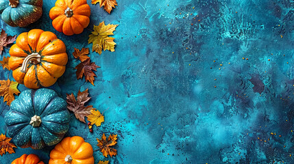 Colorful Mini Pumpkins on a Soft Blue Surface Background